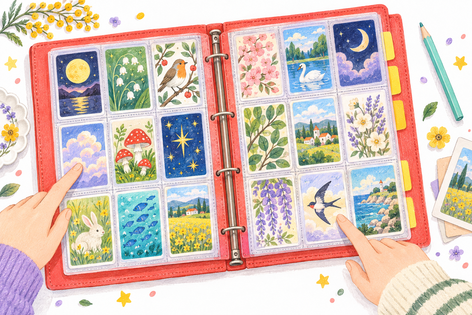 赤いファイルに花や鳥などのカードを並べたカラフルなイラスト
