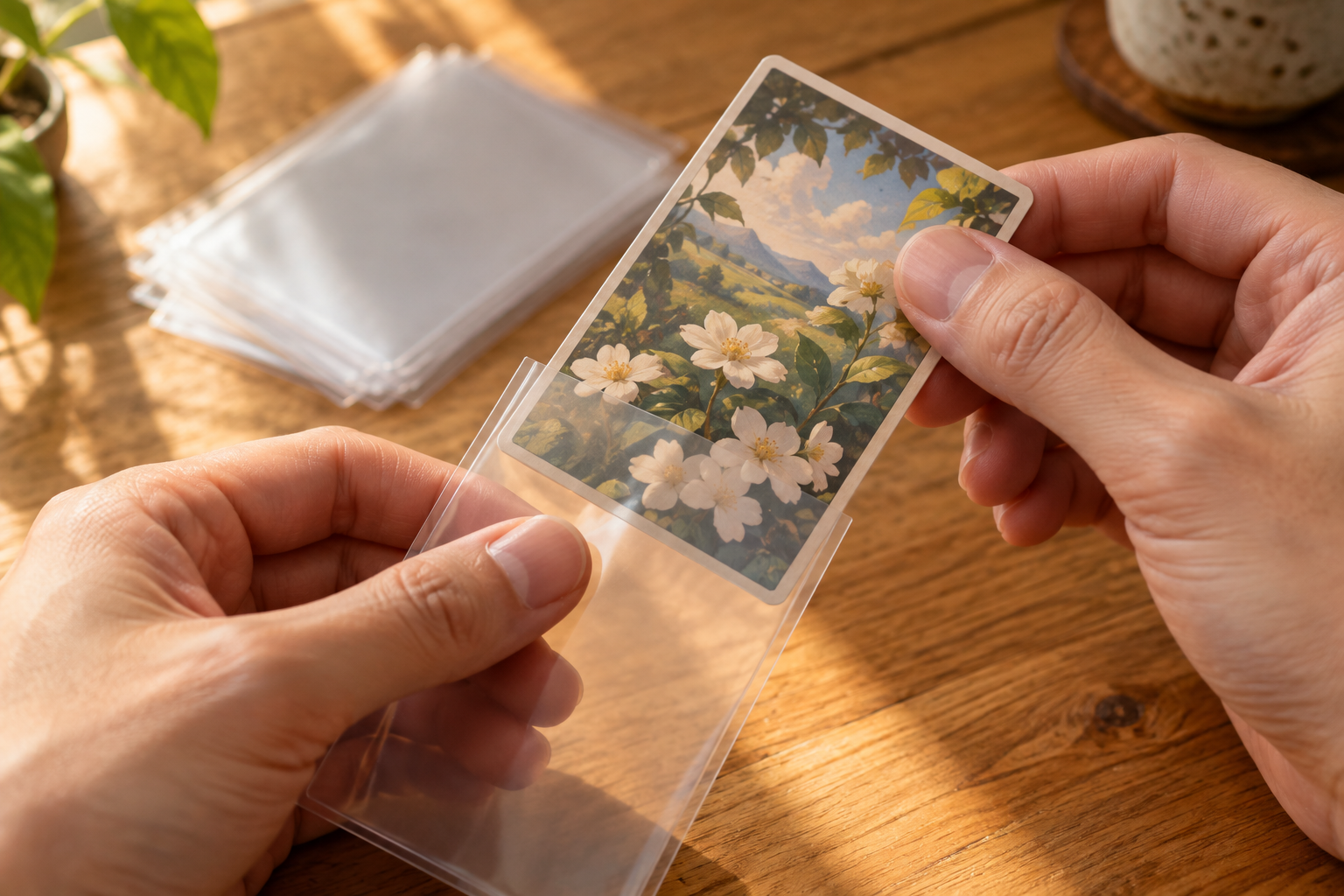 木の机で花柄のカードを透明スリーブに入れる手元のイメージ